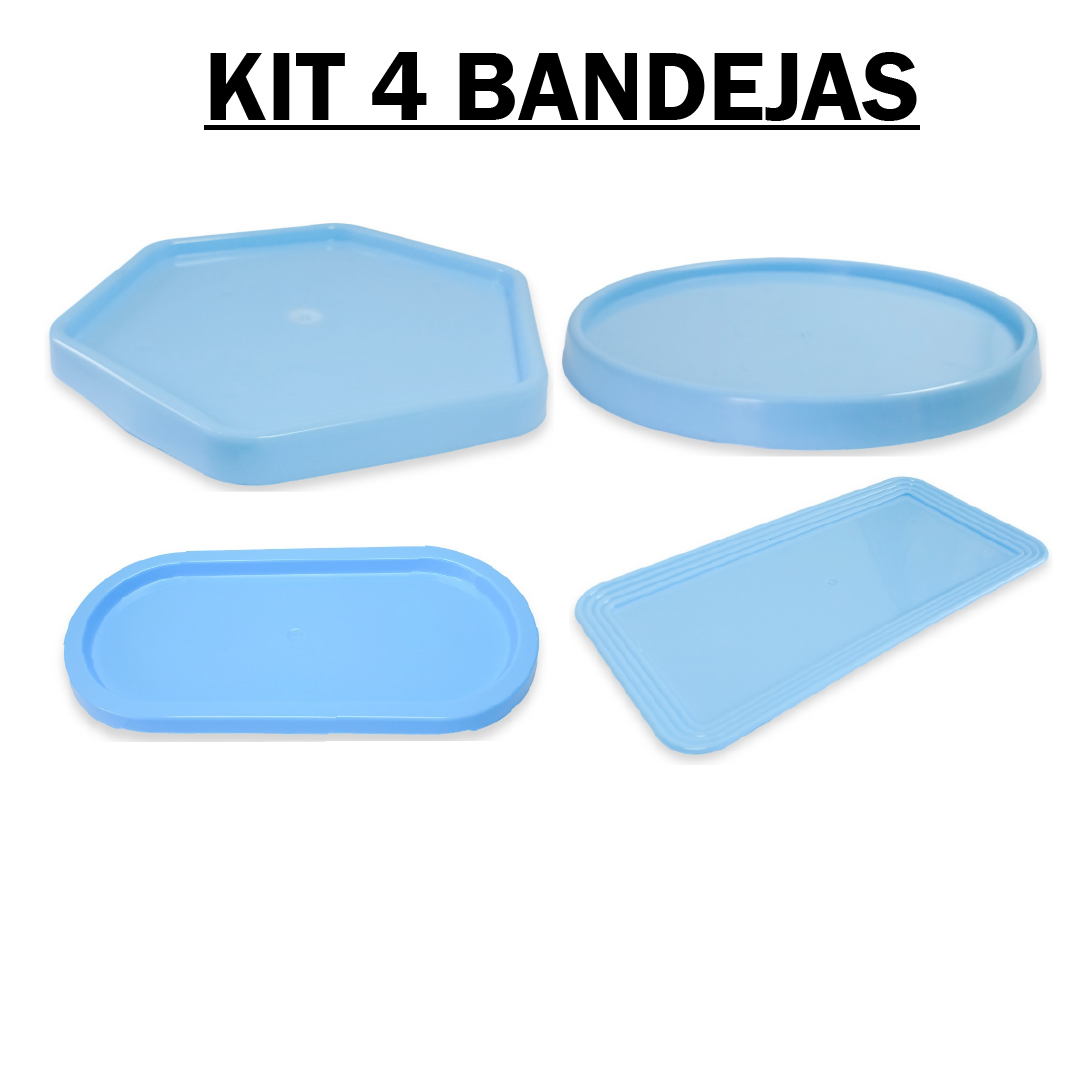 Kit Só Bandejas com 1 Bandeja Oval + 1 Bandeja Sextavada + 1 Bandeja Redonda + 1 Bandeja Retangular (4 Peças)